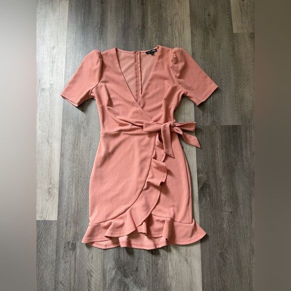 Fashion Nova Dusty Pink Ruffle Dress Small Feminine Surplice Wrap - Picture 2 of 11